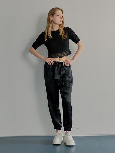 Vintage Satin Oversized Track Pants [BLACK] - MUSE BY ROSE - Modalova