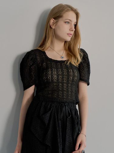 Cotton Blend Puff-Sleeve Lace Top [BLACK] - MUSE BY ROSE - Modalova