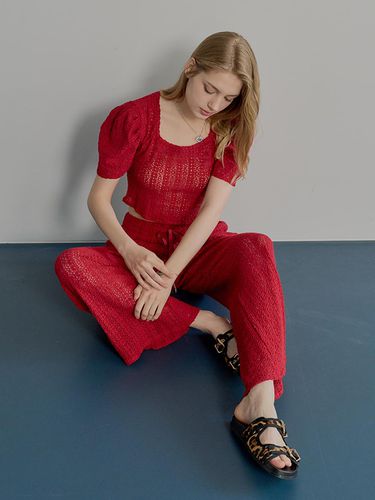 Lace Wide Cotton Blend Pants [RED] - MUSE BY ROSE - Modalova