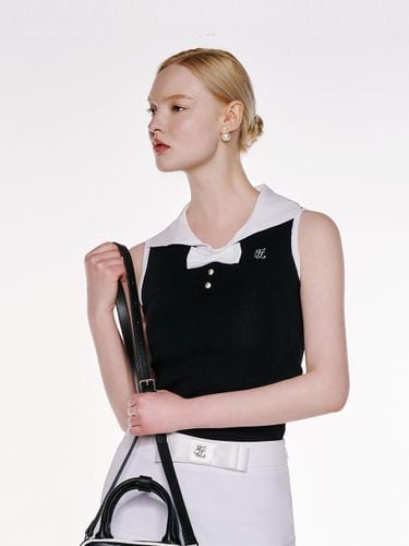 Open Collar Ribbon Slim Fit Sleeveless Knit [Black] - FAIRLIAR GOLF - Modalova