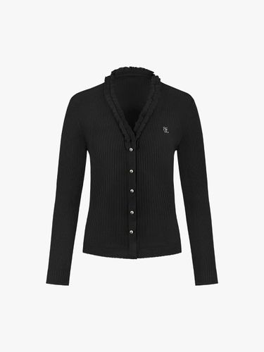 Rib Frill Pearl Button Cardigan [Black] - FAIRLIAR GOLF - Modalova