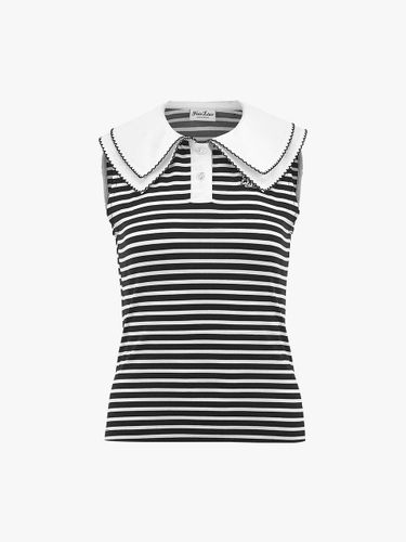 Double Collar Striped Jewel Button Sleeveless T-shirt [Black] - FAIRLIAR GOLF - Modalova