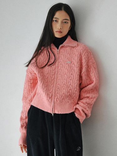 Washable High Neck Cable Knit Zip-up Sweater [Pink] - BELLOL - Modalova