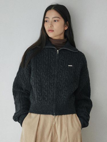 Washable Cable Knit High Neck Zip-up Sweater [Charcoal] - BELLOL - Modalova