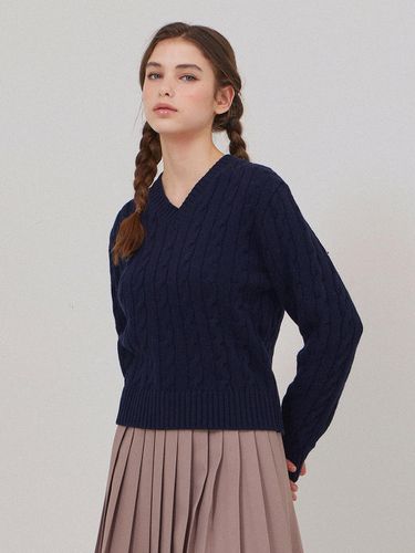 V-Neck Cable Knit Sweater [Navy] - BELLOL - Modalova