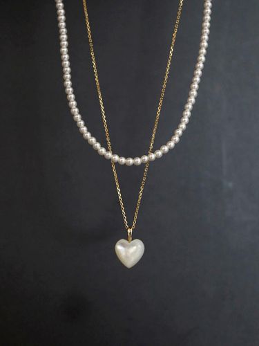 K Gold-filled Silver Pearl Heart 2-Piece Necklace [Beige] - modernlike - Modalova