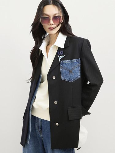 Denim Patch Stripe Double-breasted Wool-blend Jacket [] (LFJAS25100BKX) - LUCKY CHOUETTE - Modalova