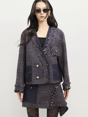 Denim Patch Eyelet Pocket Tweed Jacket [Dark ] (LFJAS25120NYD) - LUCKY CHOUETTE - Modalova