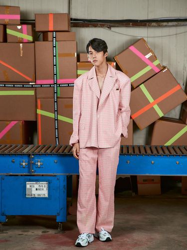 Check Linen Semi Wide Pants [Pink] - Kwak Hyun Joo Collection - Modalova