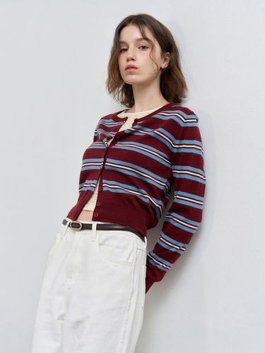 Multi-stripe Tencel Wool Crew Neck Cardigan [BURGUNDY] (WBE1L04504) - GENERAL IDEA - Modalova