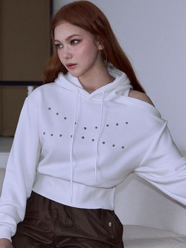 Cut Out Studded Oversized Cotton-Polyester Hoodie [Beige] - Rosefrantz - Modalova