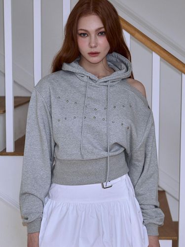 Cut Out Studded Cotton-Polyester Hoodie [Gray] - Rosefrantz - Modalova