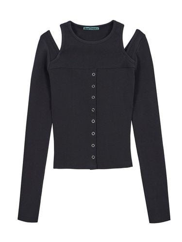 Cut Off Eyelet Cotton Blend Long Sleeve Top [Charcoal] - Rosefrantz - Modalova