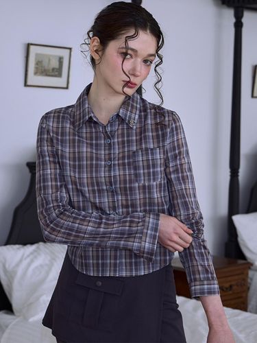 See-through Cotton Check Relaxed Fit Shirt [Blue] - Rosefrantz - Modalova