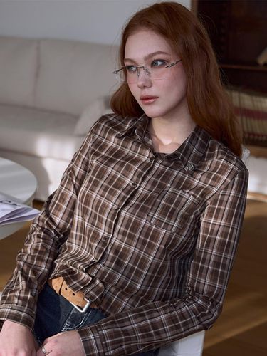 See-through Check Cotton Shirring Shirt [BROWN] - Rosefrantz - Modalova