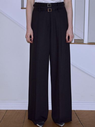 Double Belt Wide Leg Tencel Slacks [Black] - Rosefrantz - Modalova