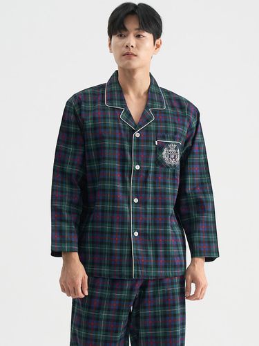 Tartan Check Long Sleeve Cotton Big Size Pajama Set [Green] - MAY FLOWER - Modalova