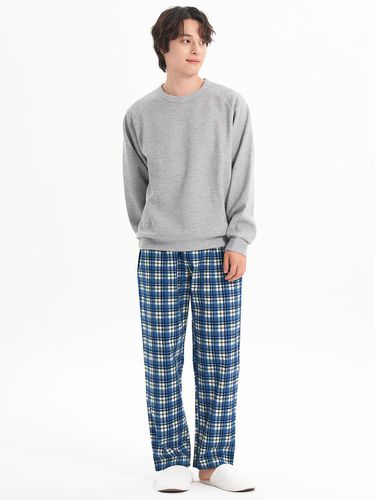 Checkered Flannel Cotton Elastic Waist Pajama Pants [Blue and Beige] - MAY FLOWER - Modalova