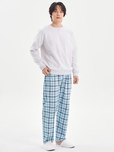 Check Pattern Cotton Satin Pajama Pants [Blue] - MAY FLOWER - Modalova