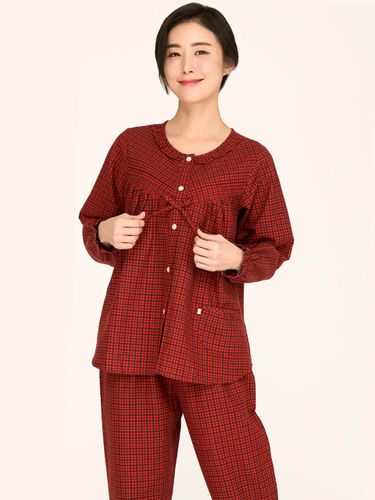 Plaid Long-sleeve Flannel Cotton Plus Size Pajama Set [Red] - MAY FLOWER - Modalova