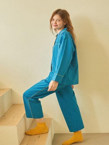 Cotton Relaxed Fit Elastic Band Pants [Blue] - DAL PARTY - Modalova