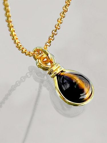 Silver 18K Gold Pear-Cut Tiger's Eye Pendant Necklace [Brown] - dfarbe - Modalova