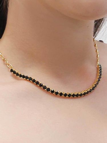 Silver 18K Gold Half Tennis Chain Necklace [Black] - dfarbe - Modalova