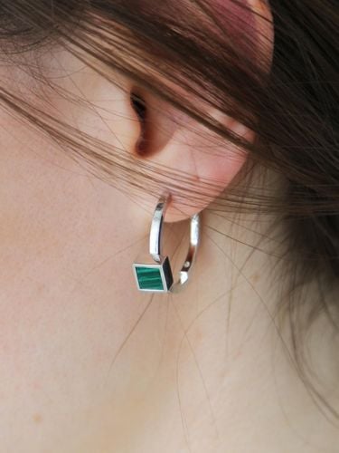 Silver Square Malachite Double Line Hoop Earrings - dfarbe - Modalova