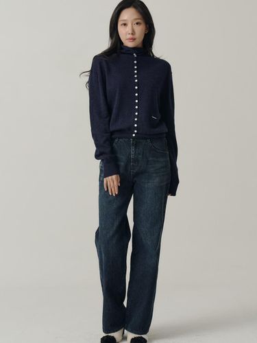 Button Down Cashmere Turtleneck Slim Fit Sweater [Navy] - SORRY TOO MUCH LOVE - Modalova