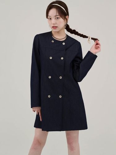 Fleece-Back Midi Denim Jacket [Dark Blue] - HYEYEONG KIM - Modalova