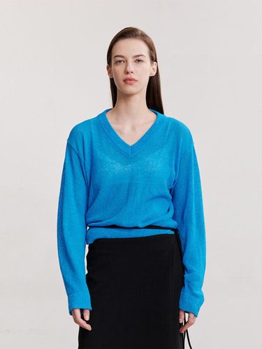 See-through V-neck Ribbed Knit Top [Blue] - AFTERHOURS - Modalova