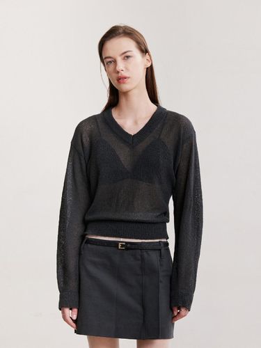 See-through V-neck Cotton-nylon Knit Top [Charcoal] - AFTERHOURS - Modalova