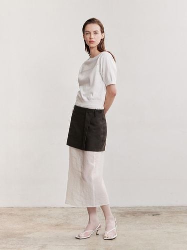 In-1 See-through Pleated Wrap Skirt [Brown+White] - AFTERHOURS - Modalova