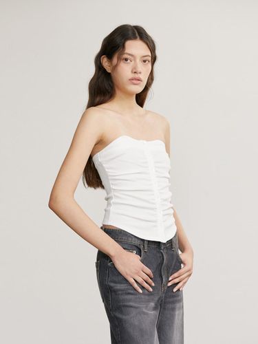 Button Up Shirring Cotton Blend Tube Top [White] - AFTERHOURS - Modalova