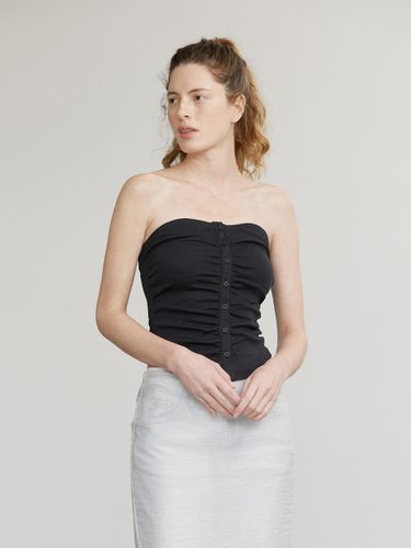 Button Up Shirring Cotton-Polyester Tube Top [Black] - AFTERHOURS - Modalova