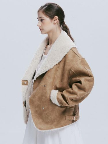 Shawl Collar Vegan Leather Fur Jacket [Beige] - AFTERHOURS - Modalova