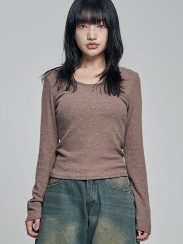 Long Sleeve Fleece Lined Wool Blend T-Shirt [Brown] - chicks - Modalova