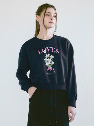 Flower Print Cropped Cotton Blend Sweatshirt [Navy] - WHOLOVESART - Modalova