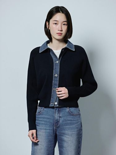 Denim Mix Cotton Elastic Cardigan [Navy] - MIND BRIDGE women - Modalova