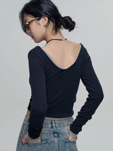 V-neck Layered Long Sleeve T-shirt [Black] - chicks - Modalova