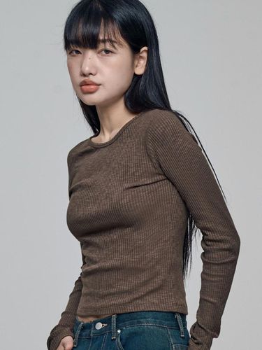 Cotton Modal Ribbed Long Sleeve T-shirt [BROWN] - chicks - Modalova