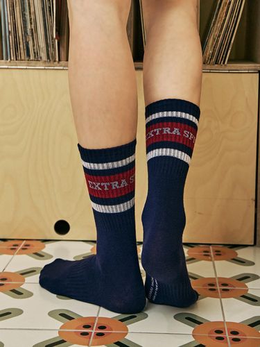 SET Spicy Lettering Mid-Length Sporty Socks [Beige/Navy] - bananasisters - Modalova