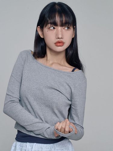 Boat Neck Cotton Long Sleeve T-shirt [Melange] - chicks - Modalova