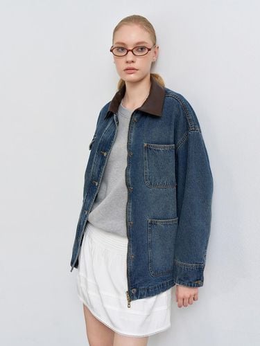 Denim Vintage Wash Hidden Zipper Work Jacket [DARK BLUE] (WBE1L09503) - GENERAL IDEA - Modalova