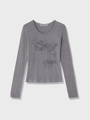 Long Sleeve Semi-Slim Deep U T-shirt [Melange] - chicks - Modalova