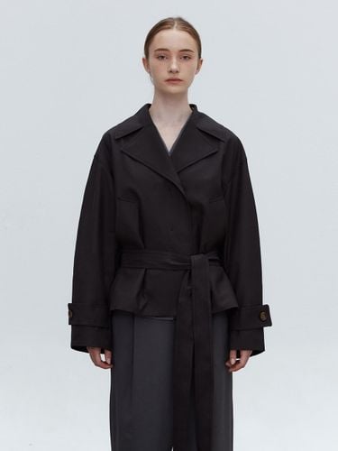 Double Half Stand Collar Trench Coat [Charcoal] - MOHAN - Modalova