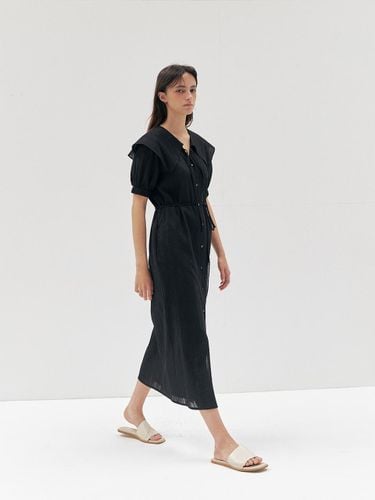 Cotton Pleated V-Neck Puff Sleeve Dress [2COLORS] - MOHAN - Modalova