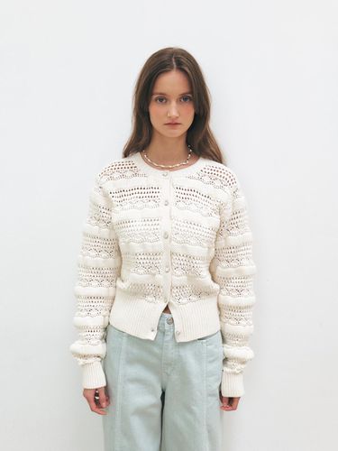 Crochet Knit Round Neck Scallop Cardigan - MOHAN - Modalova