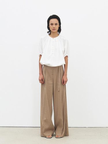 Stripe Wide Leg Linen Blend Trousers - MOHAN - Modalova