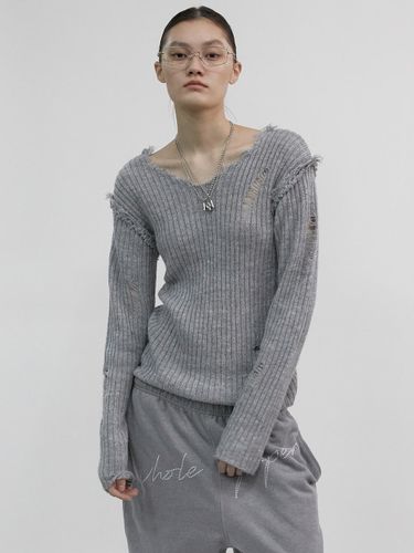 Distressed Loose Mohair Blend Knit Top [Gray] - whole paper - Modalova